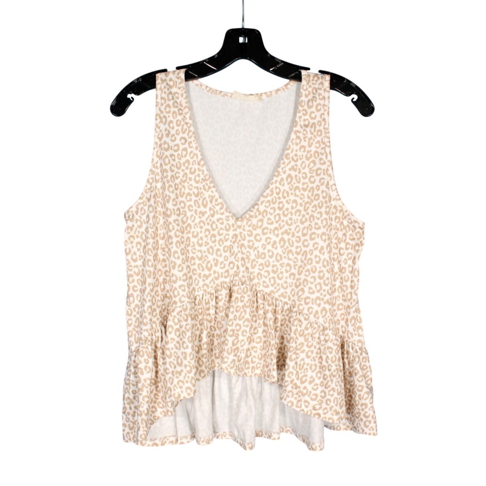 ALTAR'D STATE Beige LEOPARD PRINT Sleeveless RUFFLE HEM High-Low BLOUSE/TOP Sz S